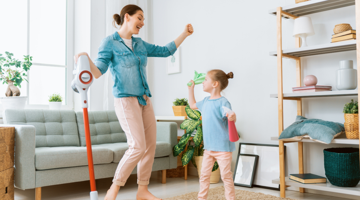 a clean home with the mother and child